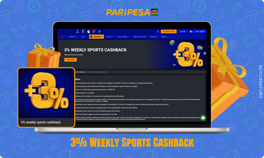 Paripesa offers daily cashback to Kenyan bettors, which is 3% on lost sports bets