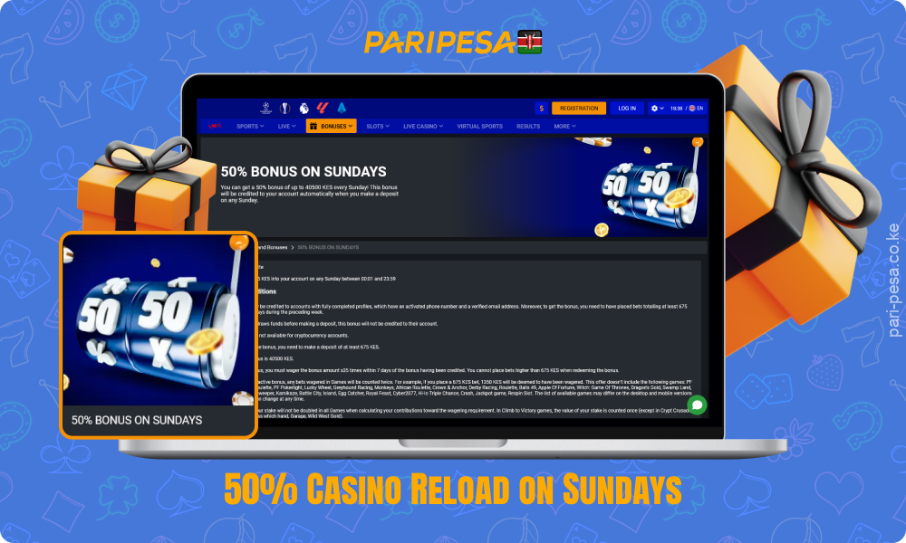 Every Sunday Kenyan players can get a 50% reload bonus at Paripesa by depositing and betting 35 times during the week