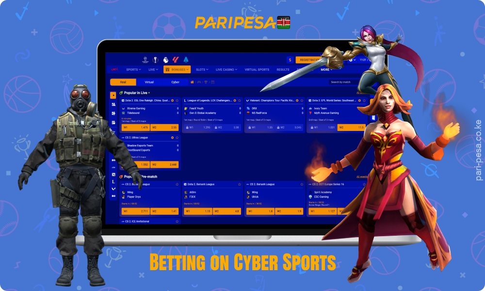 Paripesa in Kenya offers cyber sports betting with live streaming and markets for games such as Dota 2, CS 2, League of Legends, Call of Duty and more