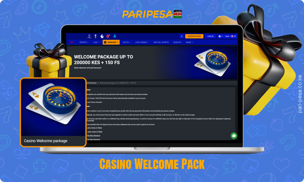 The welcome bonus for Paripesa Casino in Kenya includes up to KES 200,000 and 150 free spins for 4 deposits