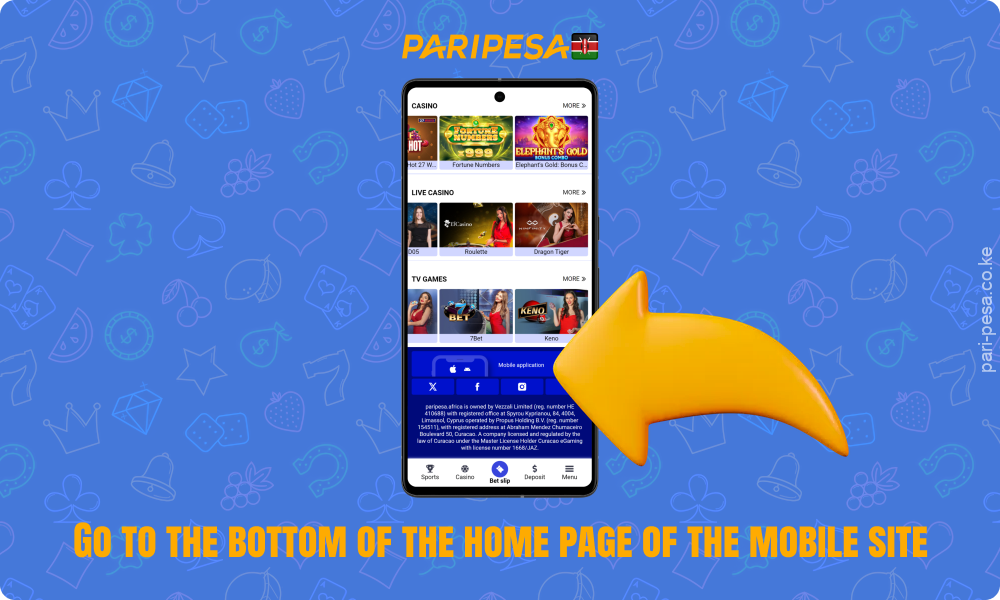 To install Paripesa APK on Android, go to the bottom of the mobile casino website homepage and download the latest version of the app