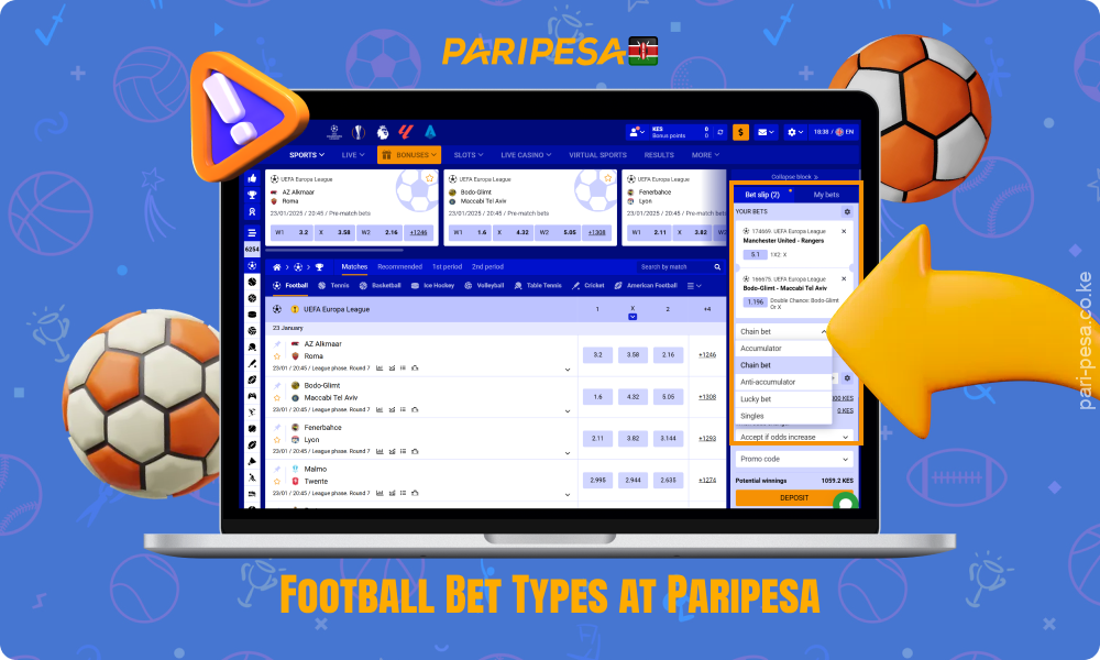 Paripesa offers different types of football betting including singles, accumulators and systems, as well as more sophisticated options for experienced players