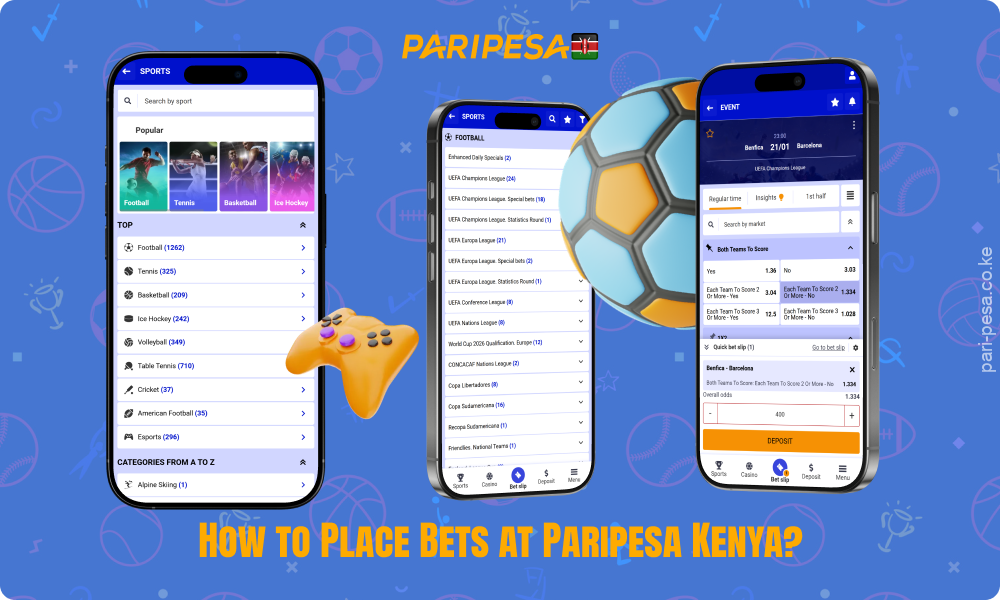 To bet on Paripesa, bettors from Kenya need to log in to their account, top up their balance, select a sporting event, bet on the selected market and confirm the bet