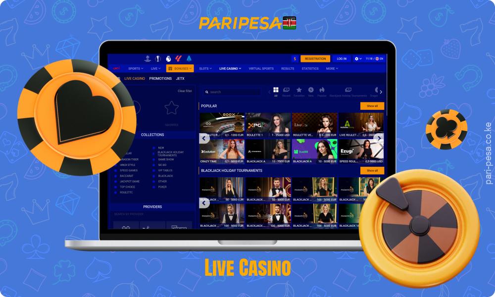 Paripesa Kenya offers over 200 Live Casino live dealer games including Roulette, Blackjack, Baccarat and more, with instant betting and quality broadcasts