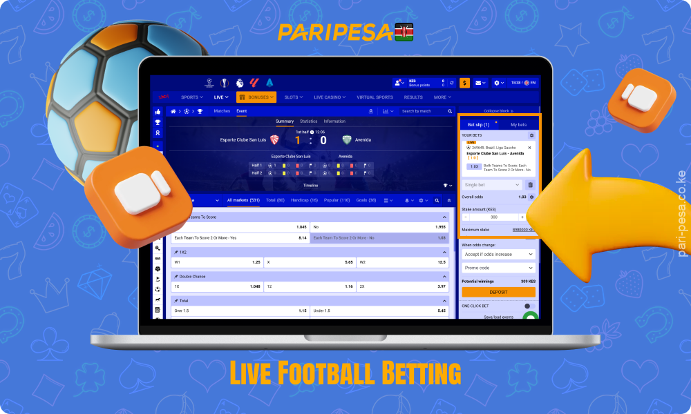 Players from Kenya can bet on live football matches in real time on the Paripesa website and app, using statistics and video feeds to make more informed decisions