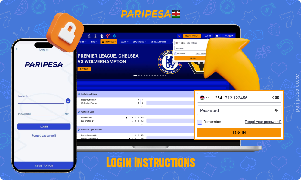 You can log in to Paripesa Kenya via the website or app using your phone number, email or id and password