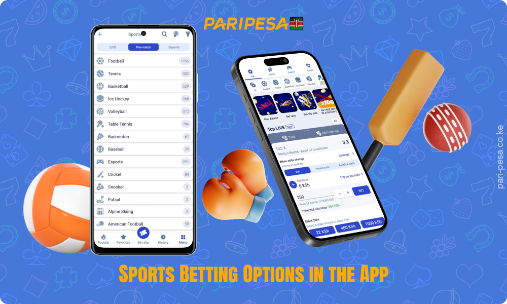 The Paripesa app offers betting on over 40 sports and cyber sports, including live streaming and a bonus of up to KES 14,000 for new users