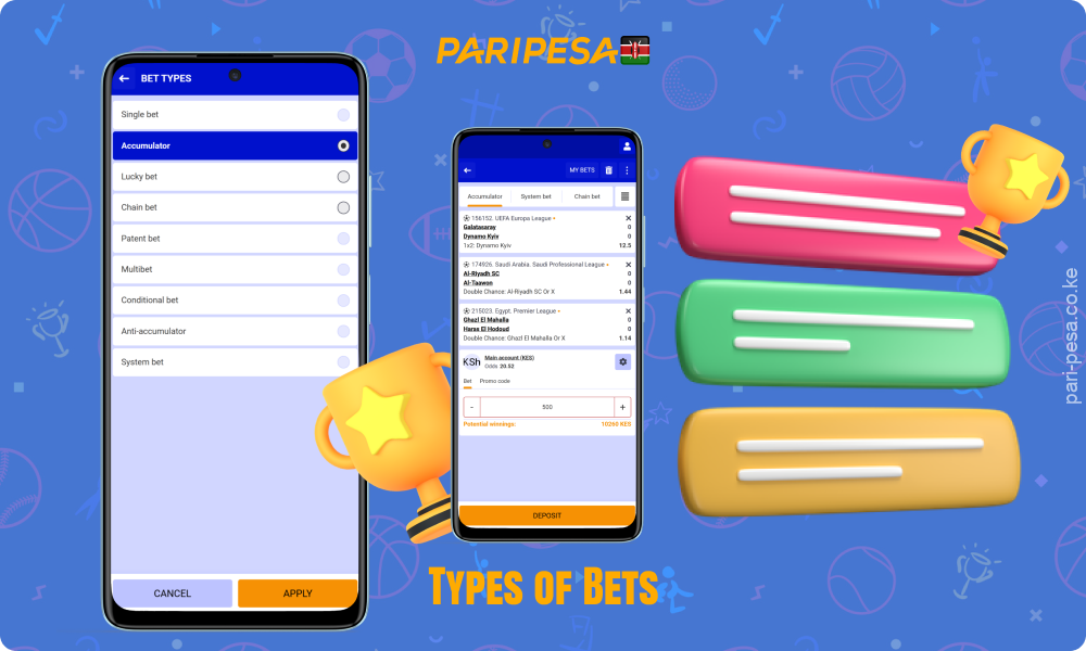 Paripesa offers a variety of bet types including singles, express, multi bets, systems, lucky, chain, conditional and patent bets to suit every player's preference